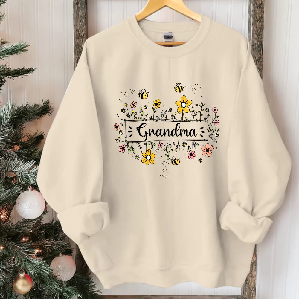 Grandma Bee And Kids Vintage Pressed Flowers  - Personalized Sweatshirt With Design On Sleeve -  Meaningful Gifts For Grandma, Mom, Wife | Custom Sleeve NH96