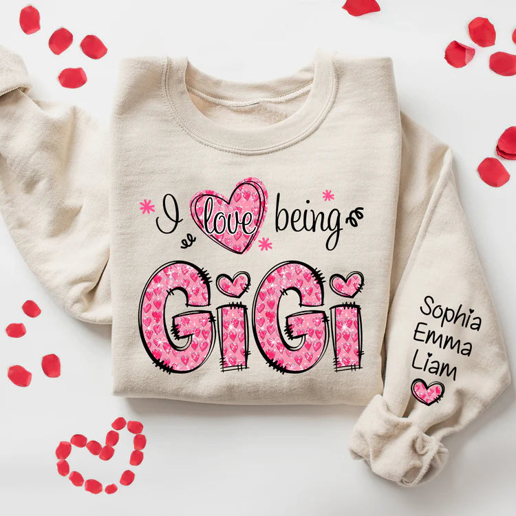 I Love Being Gigi Pink Leopard Heart  - Personalized Sweatshirt With Design On Sleeve - Gift For Grandma, Mom, Wife | Custom Sleeve NH96