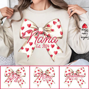 Love Grandma Valentine Bow - Personalized Sweatshirt With Design On Sleeve - Gift For Grandma, Mom, Wife | Custom Sleeve NH96