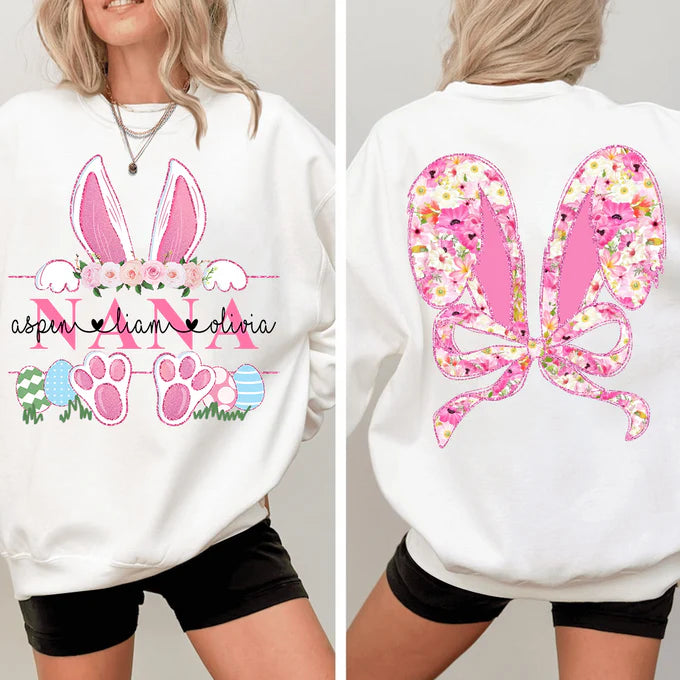 Bunny Easter Coquette Nana And Kids - Personalized Sweatshirt With Design On Sleeve - Gift For Grandma, Mom, Wife | Custom Sleeve NH96