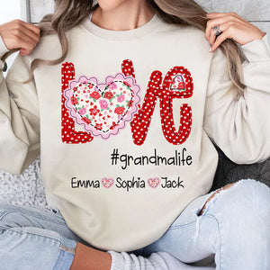 Love Grandmalife Valentine Heart Flower - Personalized Sweatshirt With Design On Sleeve - Gift For Grandma, Mom, Wife | Custom Sleeve NH96