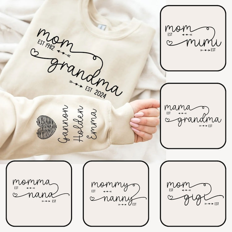 Retro Mom Grandma Est Year - Personalized Sweatshirt With Design On Sleeve - Gift For Grandma, Mom, Girlfriend, Wife - NH96