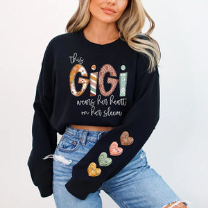 This Gigi Wears Her Heart On Her Sleeve - Personalized Sweatshirt With Design On Sleeve -  Meaningful Gifts For Grandma, Mom, Wife | Custom Sleeve NH96