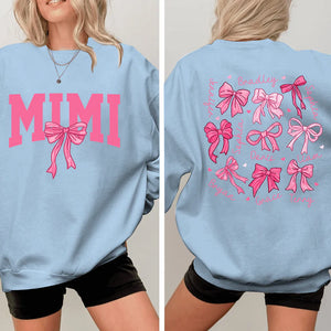 Pink Mimi Bow And Kids - Personalized Sweatshirt With Design On Sleeve - Gift For Grandma, Mom, Wife - NH96