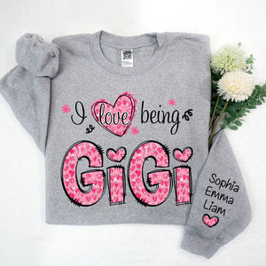 I Love Being Gigi Pink Leopard Heart  - Personalized Sweatshirt With Design On Sleeve - Gift For Grandma, Mom, Wife | Custom Sleeve NH96