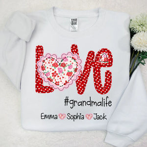 Love Grandmalife Valentine Heart Flower - Personalized Sweatshirt With Design On Sleeve - Gift For Grandma, Mom, Wife | Custom Sleeve NH96