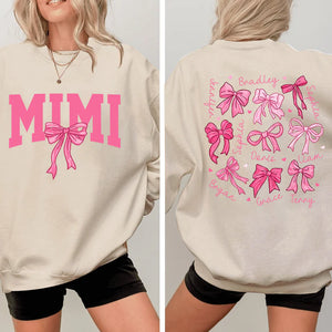 Pink Mimi Bow And Kids - Personalized Sweatshirt With Design On Sleeve - Gift For Grandma, Mom, Wife - NH96