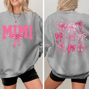 Pink Mimi Bow And Kids - Personalized Sweatshirt With Design On Sleeve - Gift For Grandma, Mom, Wife - NH96