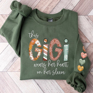 This Gigi Wears Her Heart On Her Sleeve - Personalized Sweatshirt With Design On Sleeve -  Meaningful Gifts For Grandma, Mom, Wife | Custom Sleeve NH96