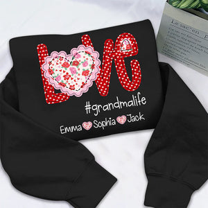 Love Grandmalife Valentine Heart Flower - Personalized Sweatshirt With Design On Sleeve - Gift For Grandma, Mom, Wife | Custom Sleeve NH96