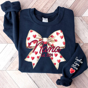 Love Grandma Valentine Bow - Personalized Sweatshirt With Design On Sleeve - Gift For Grandma, Mom, Wife | Custom Sleeve NH96