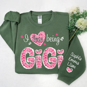 I Love Being Gigi Pink Leopard Heart  - Personalized Sweatshirt With Design On Sleeve - Gift For Grandma, Mom, Wife | Custom Sleeve NH96