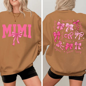 Pink Mimi Bow And Kids - Personalized Sweatshirt With Design On Sleeve - Gift For Grandma, Mom, Wife - NH96