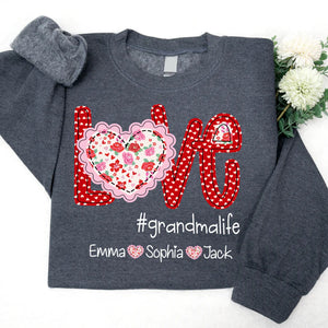 Love Grandmalife Valentine Heart Flower - Personalized Sweatshirt With Design On Sleeve - Gift For Grandma, Mom, Wife | Custom Sleeve NH96