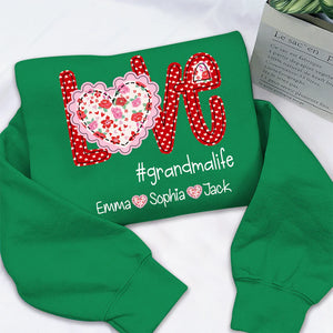 Love Grandmalife Valentine Heart Flower - Personalized Sweatshirt With Design On Sleeve - Gift For Grandma, Mom, Wife | Custom Sleeve NH96