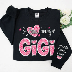 I Love Being Gigi Pink Leopard Heart  - Personalized Sweatshirt With Design On Sleeve - Gift For Grandma, Mom, Wife | Custom Sleeve NH96