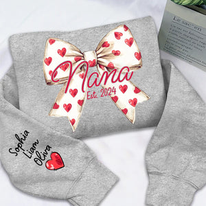 Love Grandma Valentine Bow - Personalized Sweatshirt With Design On Sleeve - Gift For Grandma, Mom, Wife | Custom Sleeve NH96