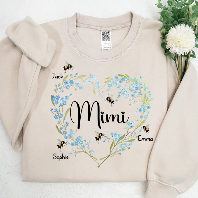 Mimi Woodland Flower Bee Heart And Kids - Personalized Sweatshirt With Design On Sleeve -  Meaningful Gifts For Grandma, Mom, Wife | Custom Sleeve NH96