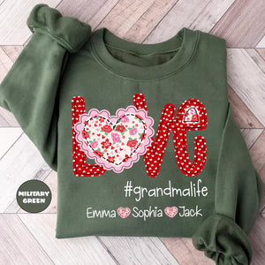 Love Grandmalife Valentine Heart Flower - Personalized Sweatshirt With Design On Sleeve - Gift For Grandma, Mom, Wife | Custom Sleeve NH96