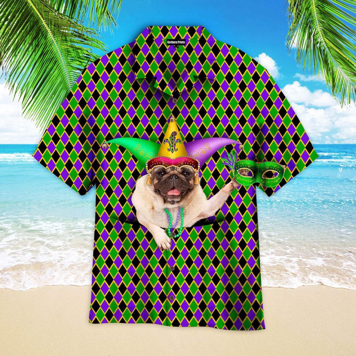 Mardi Gras Funny Pug Dog Wears Jester Hat Pattern Colorful Hawaiian Shirts