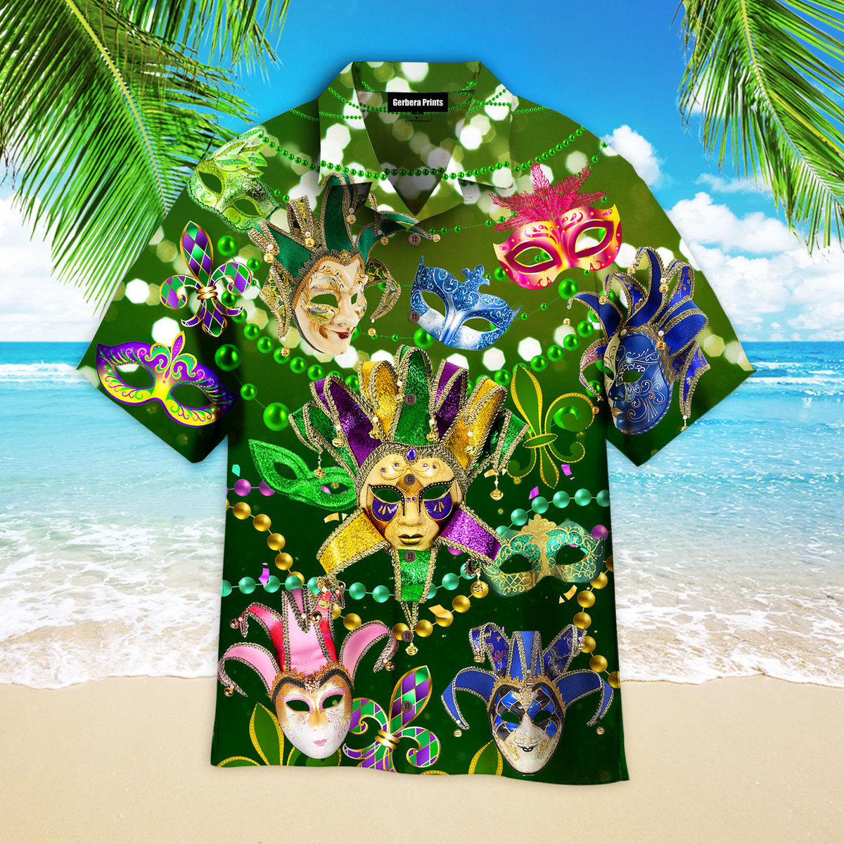 Mardi Gras Masks Carnival Green Aloha Hawaiian Shirts For Men, Women