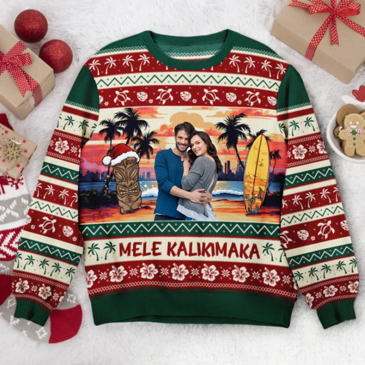 Custom Photo Mele Kalikimaka - Personalized Ugly Sweatshirt - Gift For Couple, Husband Wife, Anniversary, Engagement, Wedding, Marriage Gift