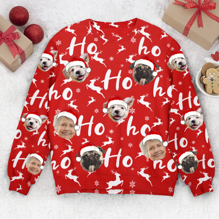 Custom Photo Christmas Family Silly Hohoho - Dog & Cat Personalized Ugly Sweatshirt - Christmas Gift For Pet Owners, Pet Lovers