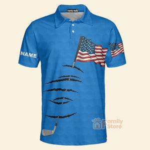 FamilyStore Personalized Custom Name American Flag 4th July Blue Men Golf Polo Shirt