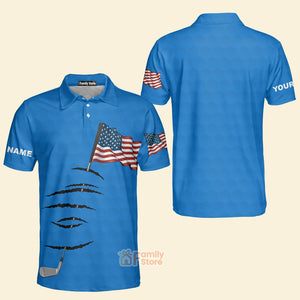 FamilyStore Personalized Custom Name American Flag 4th July Blue Men Golf Polo Shirt