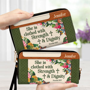 Stunning Flower She Is Clothed With Strength And Dignity - Scripture Gifts For Women Of God - Personalized Clutch Purses - AT4081434