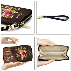 The Lord Will Fight For Me Floral Cross - Personalized Clutch Purses - AT4081438