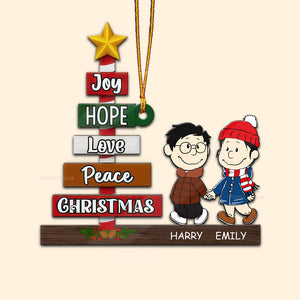 Peanuts Joy, Hope, Love, Peace Christmas - Personalized Wood Ornament - Gift For Couple, Husband Wife, Anniversary, Engagement, Wedding, Marriage Gift - CL43 NH96