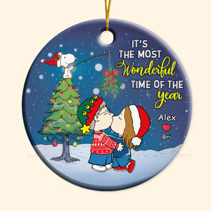 It's The Most Wonderful Time Of The Year Peanuts Under The Mistletoe - Personalized Ceramic Ornament - Gift For Couple, Husband Wife, Anniversary, Engagement, Wedding, Marriage Gift - CL45 NH96