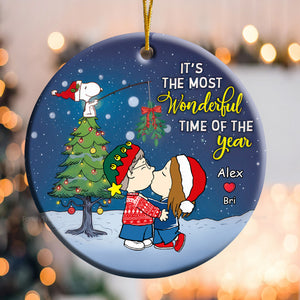 It's The Most Wonderful Time Of The Year Peanuts Under The Mistletoe - Personalized Ceramic Ornament - Gift For Couple, Husband Wife, Anniversary, Engagement, Wedding, Marriage Gift - CL45 NH96