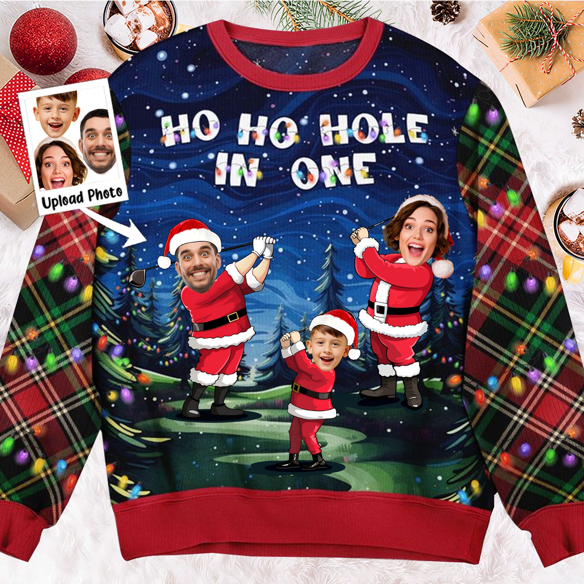 Custom Photo Santa Ho Ho Hole In One - Gift For Family - Personalized Ugly Sweatshirt NA94