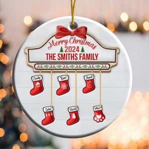 Family Red Sock Stocking Merry Christmas 2024 - Gift For Family - Personalized Ceramic Ornament - NA94