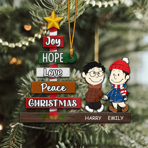 Peanuts Joy, Hope, Love, Peace Christmas - Personalized Wood Ornament - Gift For Couple, Husband Wife, Anniversary, Engagement, Wedding, Marriage Gift - CL43 NH96