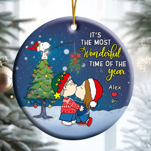 It's The Most Wonderful Time Of The Year Peanuts Under The Mistletoe - Personalized Ceramic Ornament - Gift For Couple, Husband Wife, Anniversary, Engagement, Wedding, Marriage Gift - CL45 NH96