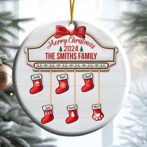 Family Red Sock Stocking Merry Christmas 2024 - Gift For Family - Personalized Ceramic Ornament - NA94