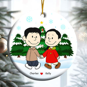 Couple Peanuts Hand in Hand Christmas - Personalized Ceramic Ornament - Gift For Couple, Husband Wife, Anniversary, Engagement, Wedding, Marriage Gift - CL43 NH96