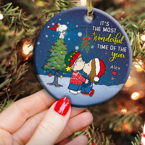 It's The Most Wonderful Time Of The Year Peanuts Under The Mistletoe - Personalized Ceramic Ornament - Gift For Couple, Husband Wife, Anniversary, Engagement, Wedding, Marriage Gift - CL45 NH96