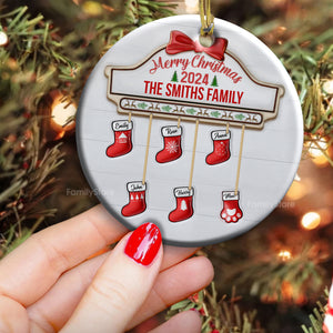 Family Red Sock Stocking Merry Christmas 2024 - Gift For Family - Personalized Ceramic Ornament - NA94