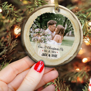 Custom Photo Our First Christmas As Mr & Mrs - Gift for Couples, Wedding - Personalized Ceramic Ornament - Crawl NH96