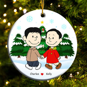 Couple Peanuts Hand in Hand Christmas - Personalized Ceramic Ornament - Gift For Couple, Husband Wife, Anniversary, Engagement, Wedding, Marriage Gift - CL43 NH96