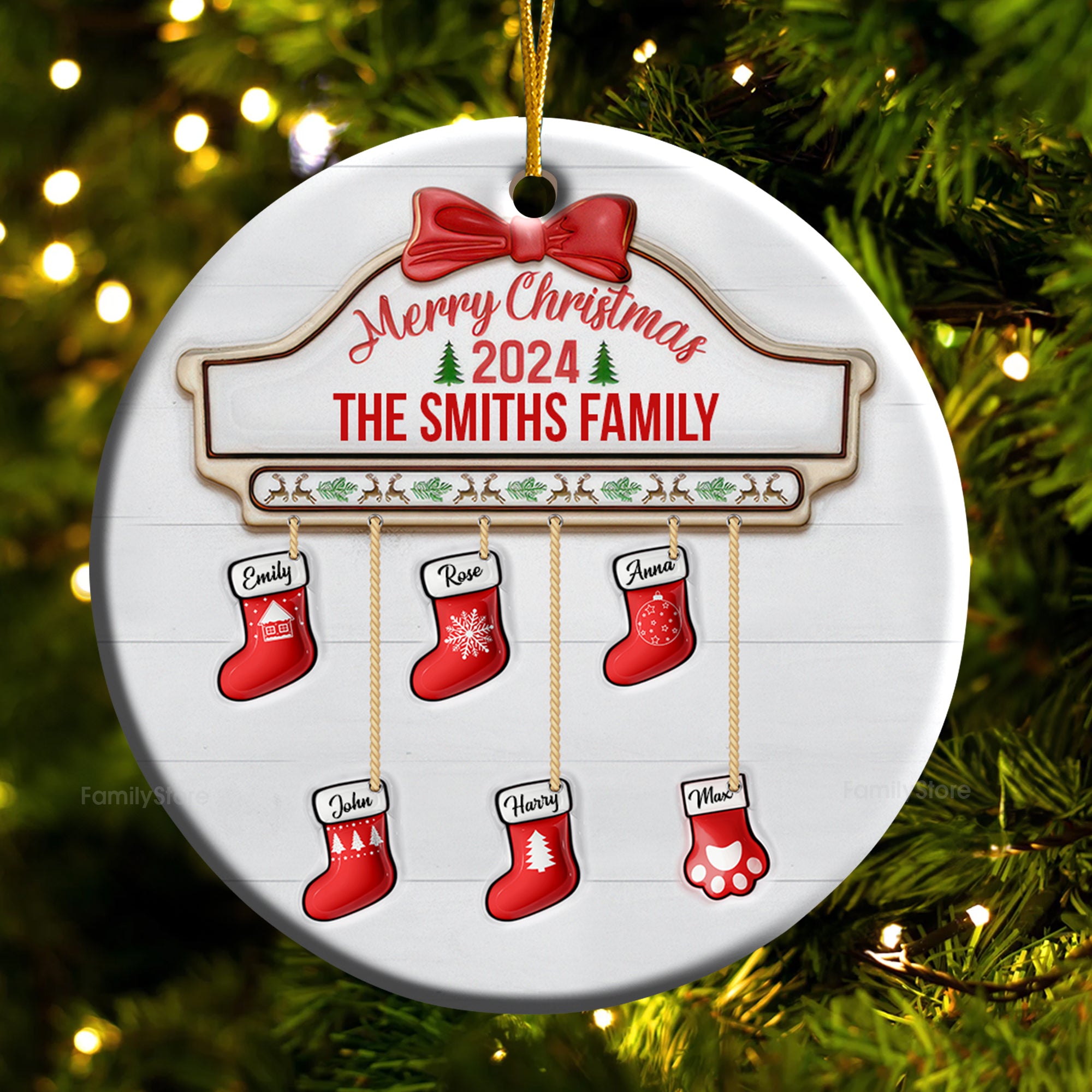 Family Red Sock Stocking Merry Christmas 2024 - Gift For Family - Personalized Ceramic Ornament - NA94