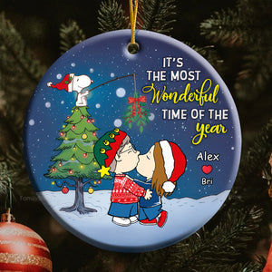 It's The Most Wonderful Time Of The Year Peanuts Under The Mistletoe - Personalized Ceramic Ornament - Gift For Couple, Husband Wife, Anniversary, Engagement, Wedding, Marriage Gift - CL45 NH96