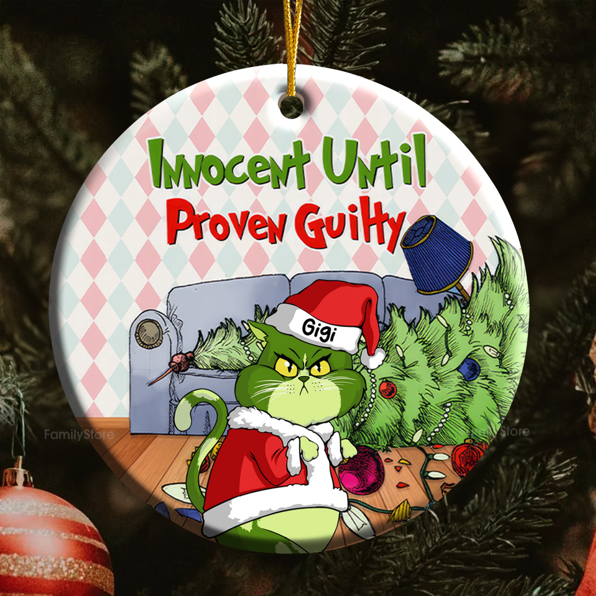 Innocent Until Proven Guilty Grinch Cats- Gift For Cat Lover, Pet Lovers - Personalized Ceramic Ornament - CL16 NH96