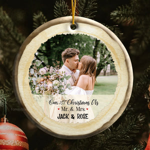 Custom Photo Our First Christmas As Mr & Mrs - Gift for Couples, Wedding - Personalized Ceramic Ornament - Crawl NH96