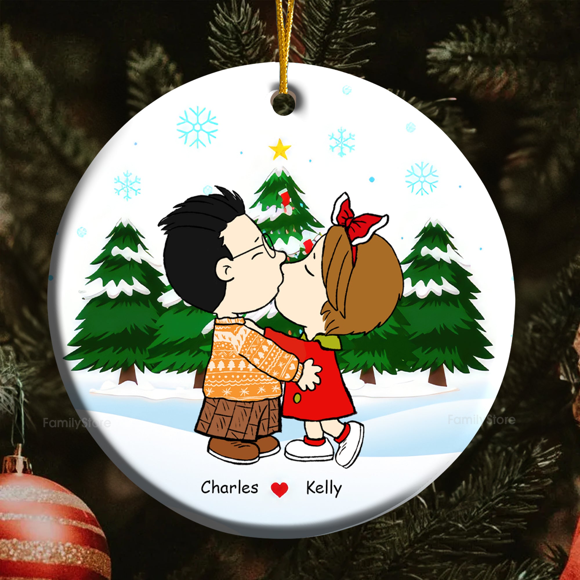 Couple Peanuts Hand in Hand Christmas - Personalized Ceramic Ornament - Gift For Couple, Husband Wife, Anniversary, Engagement, Wedding, Marriage Gift - CL45 NH96