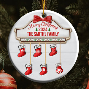 Family Red Sock Stocking Merry Christmas 2024 - Gift For Family - Personalized Ceramic Ornament - NA94